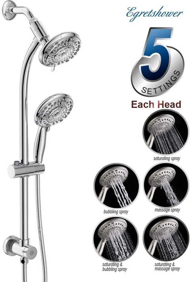 Alt view image 4 of 6 - Handheld Showerhead & Rain Shower Combo for Easy Reach, 27.5" Drill-free Stainless Steel Slide Bar, 5of 5-setting Handheld Shower and Showerhead, with 5ft Hose - Polished Chrome