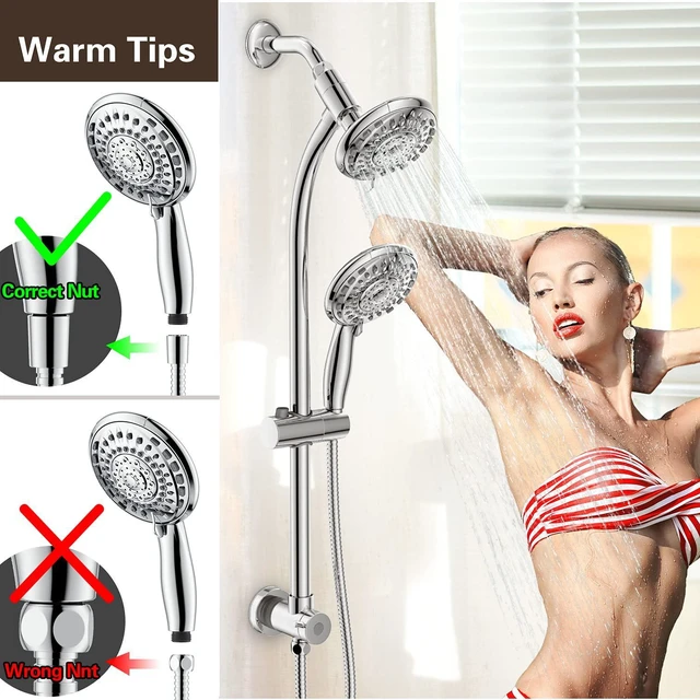 Alt view image 5 of 6 - Handheld Showerhead & Rain Shower Combo for Easy Reach, 27.5" Drill-free Stainless Steel Slide Bar, 5of 5-setting Handheld Shower and Showerhead, with 5ft Hose - Polished Chrome