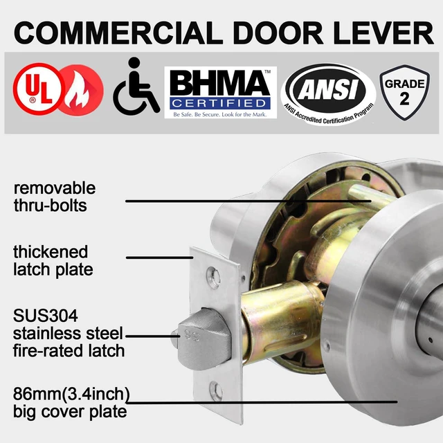 Alt view image 2 of 7 - Privacy Commercial Door Locks for Bathroom, Heavy Duty Grade 2 Lever 2-3/4''Backset, With Indicator, Non-Handed, UL 3 Hour Fire Rated, ADA Compliant, Satin Chrome Finish 26D, X-XG-BK-70