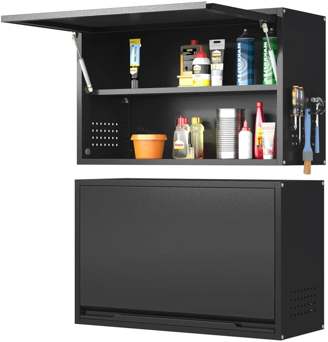 Main image of Garage Wall Cabinet with Up-Flip Door, 19.7" H Metal Wall Cabinet Wall Mounted Metal Storage Cabinet for Kitchen,Garage,Basement,Ware House Assembly Required (Black Gray 31.5" W)