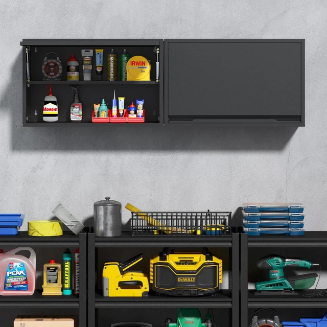 Alt view image 2 of 7 - Garage Wall Cabinet with Up-Flip Door, 19.7" H Metal Wall Cabinet Wall Mounted Metal Storage Cabinet for Kitchen,Garage,Basement,Ware House Assembly Required (Black Gray 31.5" W)