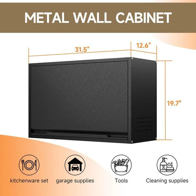 Alt view image 3 of 7 - Garage Wall Cabinet with Up-Flip Door, 19.7" H Metal Wall Cabinet Wall Mounted Metal Storage Cabinet for Kitchen,Garage,Basement,Ware House Assembly Required (Black Gray 31.5" W)