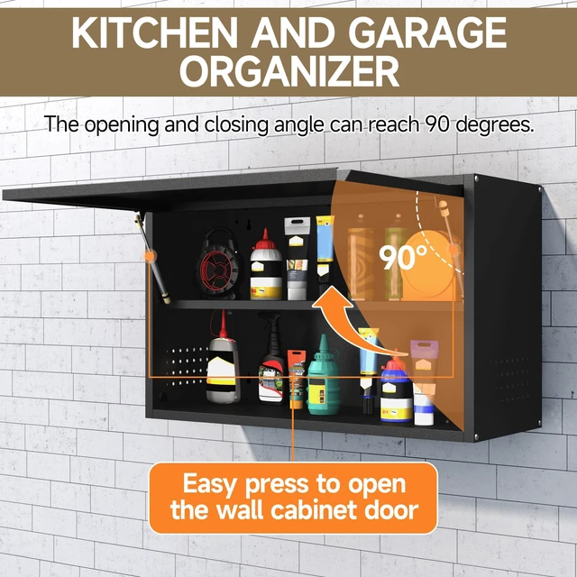 Alt view image 4 of 7 - Garage Wall Cabinet with Up-Flip Door, 19.7" H Metal Wall Cabinet Wall Mounted Metal Storage Cabinet for Kitchen,Garage,Basement,Ware House Assembly Required (Black Gray 31.5" W)
