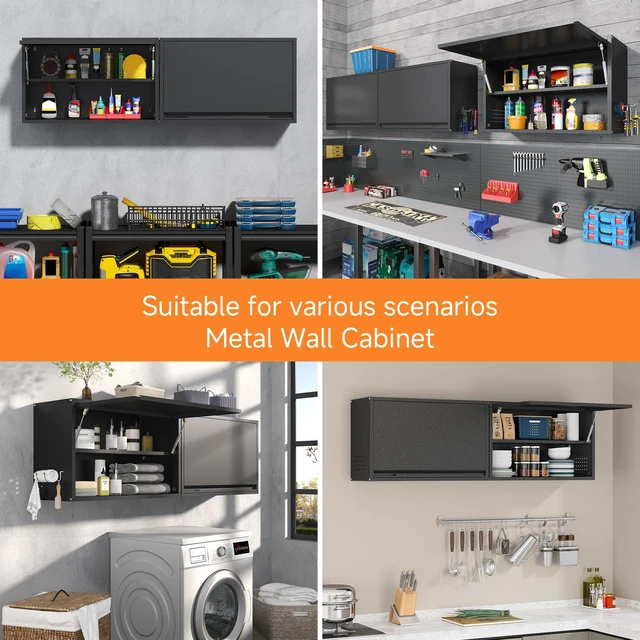Alt view image 6 of 7 - Garage Wall Cabinet with Up-Flip Door, 19.7" H Metal Wall Cabinet Wall Mounted Metal Storage Cabinet for Kitchen,Garage,Basement,Ware House Assembly Required (Black Gray 31.5" W)
