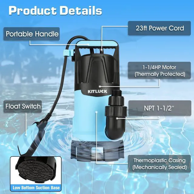 Alt view image 2 of 7 - Submersible Water Pump, 1-1/4HP 4500GPH High Flow Sump Pump with Float Switch, 23ft Power Cord, Portable Utility Water Pump for Swimming Pool, Garden Pond, Flood Basement, Tub Water Removal