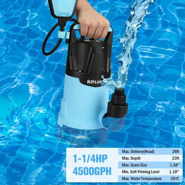 Alt view image 3 of 7 - Submersible Water Pump, 1-1/4HP 4500GPH High Flow Sump Pump with Float Switch, 23ft Power Cord, Portable Utility Water Pump for Swimming Pool, Garden Pond, Flood Basement, Tub Water Removal