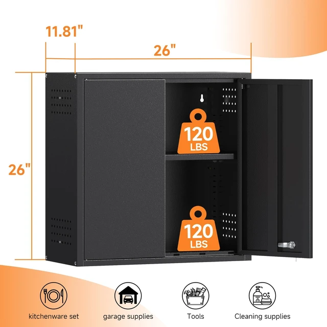 Alt view image 3 of 7 - 26" H Garage Wall Cabinet with Lockable Doors and Adjustable Shelf Metal Wall Cabinet for Garage Assembly Required (26" H Black)