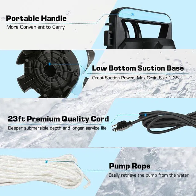 Alt view image 6 of 7 - Submersible Water Pump, 1-1/4HP 4500GPH High Flow Sump Pump with Float Switch, 23ft Power Cord, Portable Utility Water Pump for Swimming Pool, Garden Pond, Flood Basement, Tub Water Removal