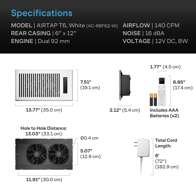 Alt view image 7 of 7 - AIRTAP T6, White Register Booster Fan for 6x12 Openings Automatic Open/Close Vents, Wireless LCD Temperature Controller, WiFi App, Quiet 10-Speeds, Smart Home