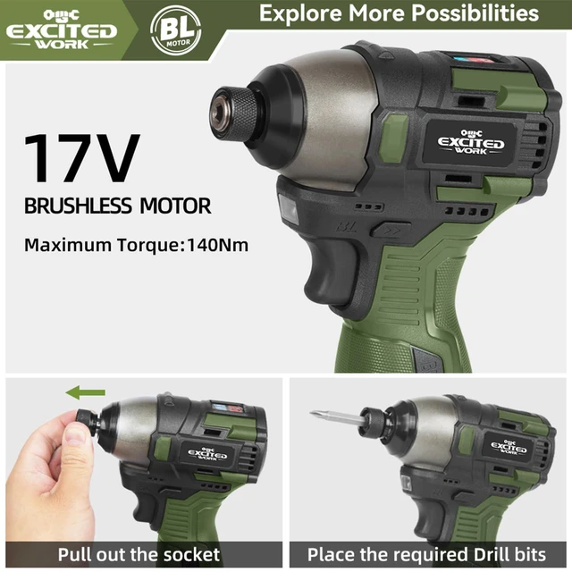 Alt view image 2 of 7 - 17V Brushless Screwdriver Drill Set, 140Nm Cordless Impact Driver & 55Nm Electric Drill with 3 Adjustable Speed, 2 Batteries and Led Work Light