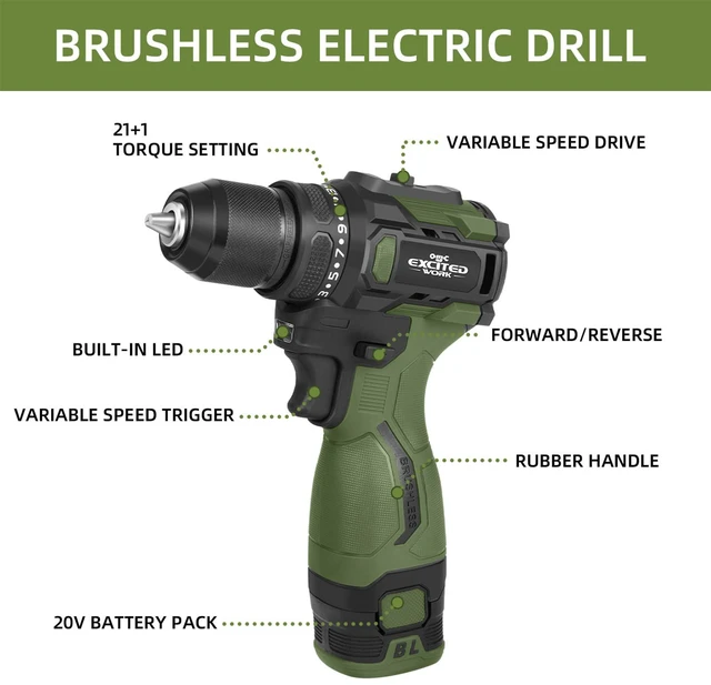 Alt view image 4 of 7 - 17V Brushless Screwdriver Drill Set, 140Nm Cordless Impact Driver & 55Nm Electric Drill with 3 Adjustable Speed, 2 Batteries and Led Work Light
