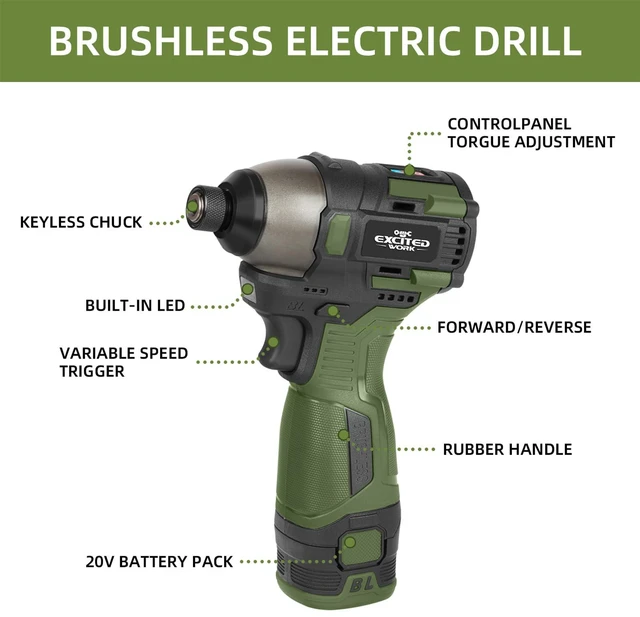 Alt view image 5 of 7 - 17V Brushless Screwdriver Drill Set, 140Nm Cordless Impact Driver & 55Nm Electric Drill with 3 Adjustable Speed, 2 Batteries and Led Work Light