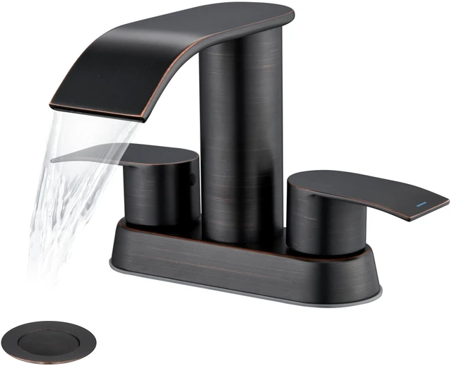 Main image of Waterfall Bathroom Sink Faucet Oil Rubbed Bronze 4 Inch Bathroom Sink Faucet for 3 Hole or 2 Hole, 2 Handle Waterfall Faucets with Pop up Drain, Centerset Faucets for RV Counter