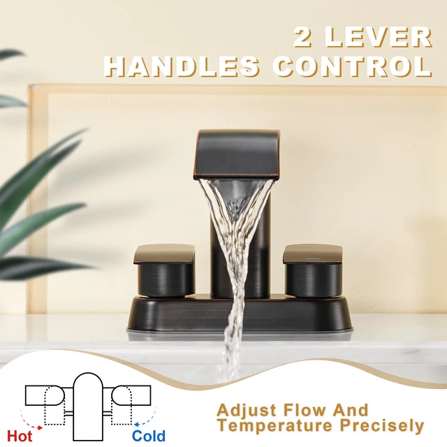 Alt view image 2 of 7 - Waterfall Bathroom Sink Faucet Oil Rubbed Bronze 4 Inch Bathroom Sink Faucet for 3 Hole or 2 Hole, 2 Handle Waterfall Faucets with Pop up Drain, Centerset Faucets for RV Counter