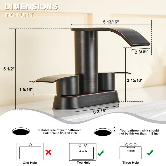 Alt view image 3 of 7 - Waterfall Bathroom Sink Faucet Oil Rubbed Bronze 4 Inch Bathroom Sink Faucet for 3 Hole or 2 Hole, 2 Handle Waterfall Faucets with Pop up Drain, Centerset Faucets for RV Counter