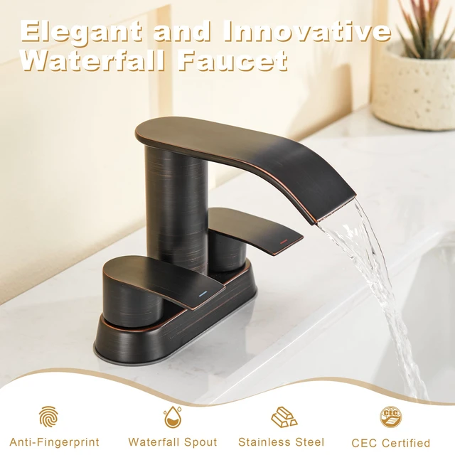 Alt view image 4 of 7 - Waterfall Bathroom Sink Faucet Oil Rubbed Bronze 4 Inch Bathroom Sink Faucet for 3 Hole or 2 Hole, 2 Handle Waterfall Faucets with Pop up Drain, Centerset Faucets for RV Counter