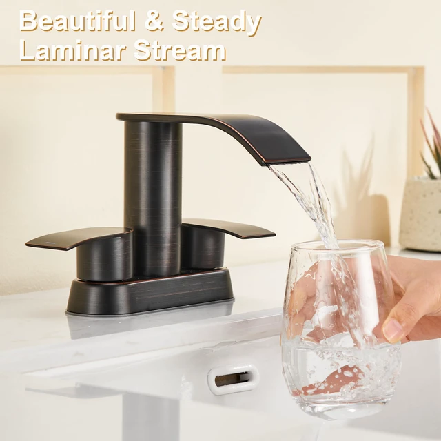 Alt view image 5 of 7 - Waterfall Bathroom Sink Faucet Oil Rubbed Bronze 4 Inch Bathroom Sink Faucet for 3 Hole or 2 Hole, 2 Handle Waterfall Faucets with Pop up Drain, Centerset Faucets for RV Counter