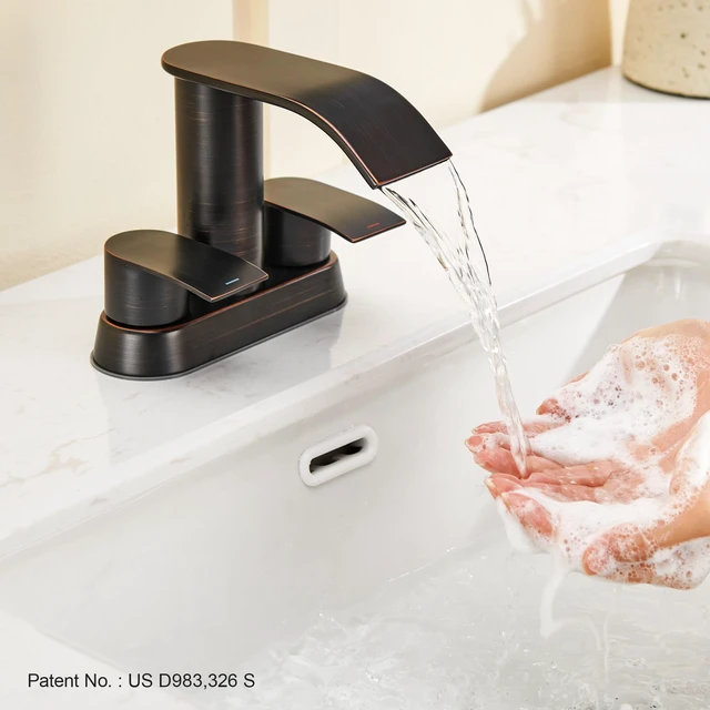 Alt view image 6 of 7 - Waterfall Bathroom Sink Faucet Oil Rubbed Bronze 4 Inch Bathroom Sink Faucet for 3 Hole or 2 Hole, 2 Handle Waterfall Faucets with Pop up Drain, Centerset Faucets for RV Counter