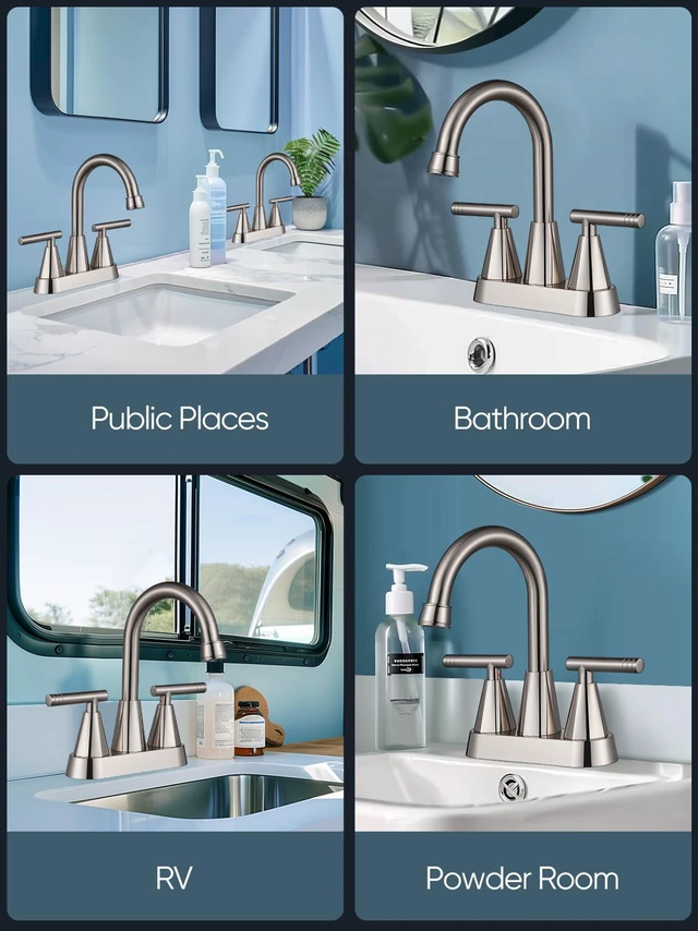 Alt view image 6 of 7 - Brushed Nickel Bathroom Faucets, Centerset 4 Inch, 2 Pack Bathroom Sink Faucet with Pop Up Drain and Supply Hoses, 2 Handle Stainless Steel Faucet for Vanity, RV, Farmhouse