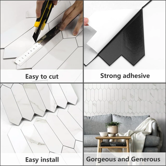 Alt view image 7 of 7 - Glossy White Marble Backsplash Tile Peel and Stick, 12.8 x 12.8 Inch 10 Sheets Long Hexagon PVC Self Adhesive Mosaic Wall Tiles Stick on Backsplash for Kitchen and Bathroom