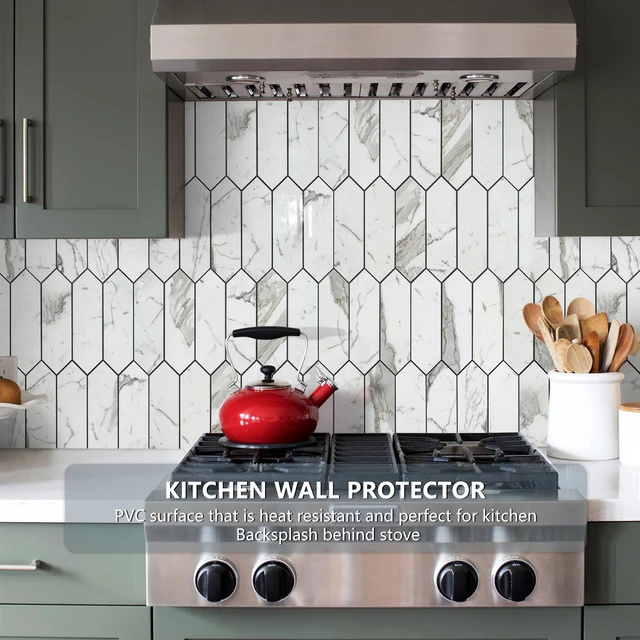 Alt view image 2 of 7 - Glossy Carrara White Backsplash Tile Peel and Stick, 12.8 x 12.8 Inch 10 Sheets Long Hexagon PVC Self Adhesive Mosaic Wall Tiles Stick on Backsplash for Kitchen and Bathroom