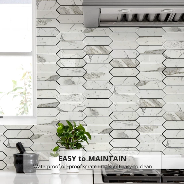 Alt view image 3 of 7 - Glossy Carrara White Backsplash Tile Peel and Stick, 12.8 x 12.8 Inch 10 Sheets Long Hexagon PVC Self Adhesive Mosaic Wall Tiles Stick on Backsplash for Kitchen and Bathroom