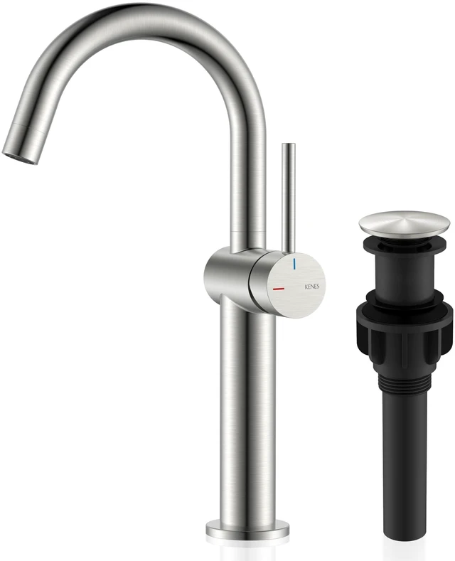 Main image of Brushed Nickel Vessel Sink Faucet Single Handle, Tall Bathroom Faucet Vessel Bowl Faucet with Pop Up Drain & Supply Lines, Lead-Free cUPC & NSF Certified, 1 Hole Faucet for Vanity RV Restroom