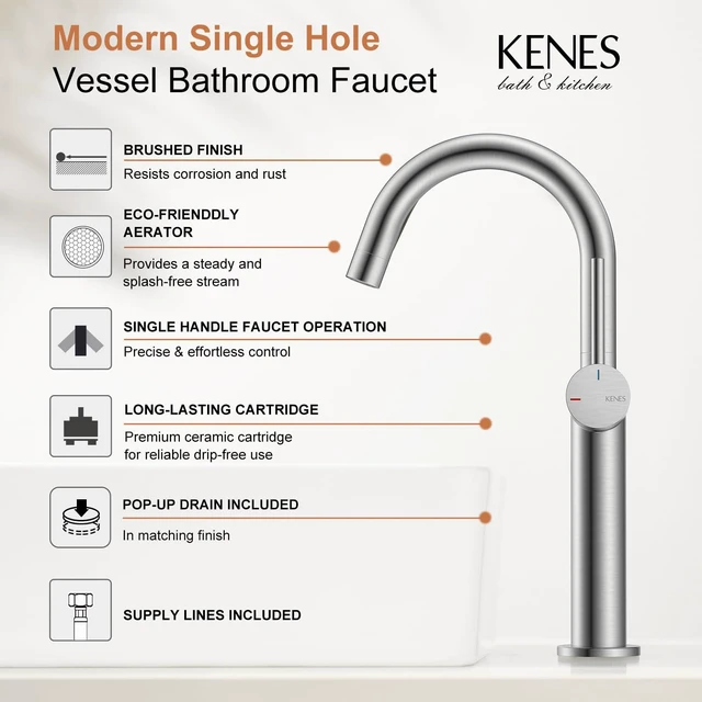 Alt view image 3 of 7 - Brushed Nickel Vessel Sink Faucet Single Handle, Tall Bathroom Faucet Vessel Bowl Faucet with Pop Up Drain & Supply Lines, Lead-Free cUPC & NSF Certified, 1 Hole Faucet for Vanity RV Restroom