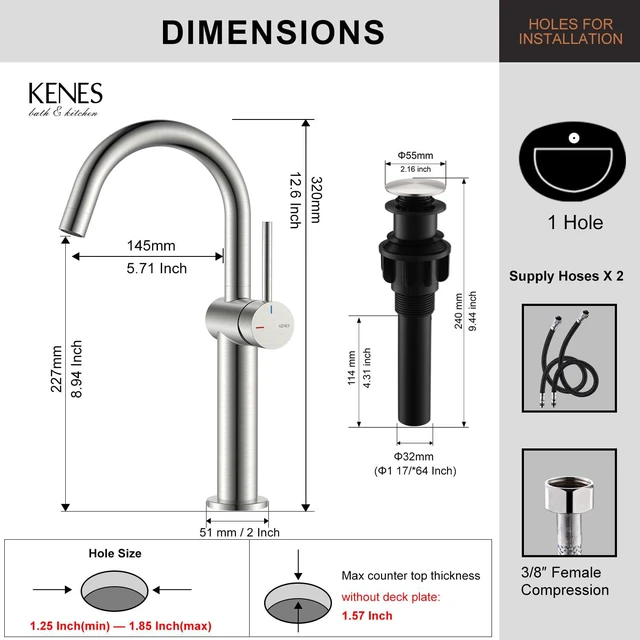 Alt view image 6 of 7 - Brushed Nickel Vessel Sink Faucet Single Handle, Tall Bathroom Faucet Vessel Bowl Faucet with Pop Up Drain & Supply Lines, Lead-Free cUPC & NSF Certified, 1 Hole Faucet for Vanity RV Restroom