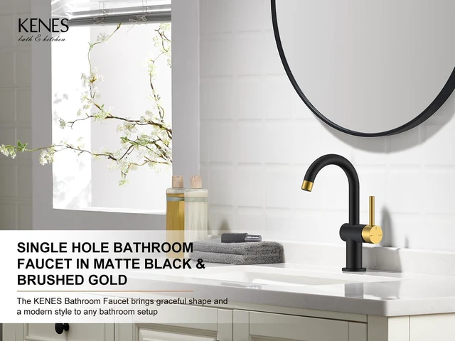 Alt view image 2 of 7 - Black and Gold Single Handle Bathroom Faucet, 1 Hole Vanity Faucet Bathroom Sink Faucet with Pop Up Drain & 6 Inch Deck Plate, Lead-Free cUPC & NSF Certified, 1 Handle Faucet for Vanity RV Bar