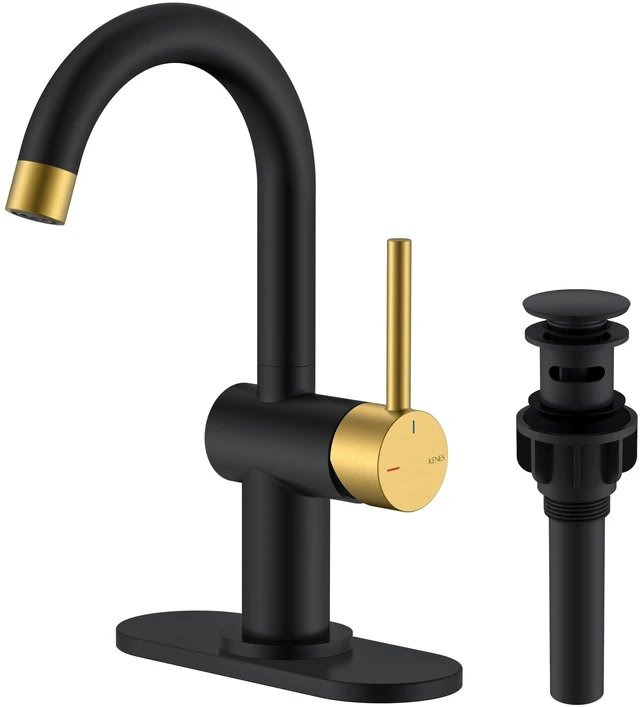 Main image of Black and Gold Single Handle Bathroom Faucet, 1 Hole Vanity Faucet Bathroom Sink Faucet with Pop Up Drain & 6 Inch Deck Plate, Lead-Free cUPC & NSF Certified, 1 Handle Faucet for Vanity RV Bar
