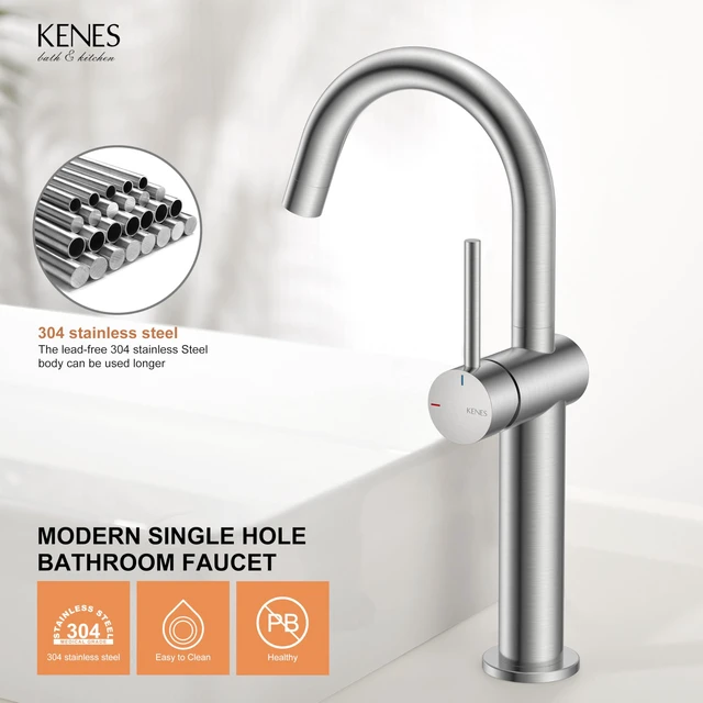 Alt view image 7 of 7 - Brushed Nickel Vessel Sink Faucet Single Handle, Tall Bathroom Faucet Vessel Bowl Faucet with Pop Up Drain & Supply Lines, Lead-Free cUPC & NSF Certified, 1 Hole Faucet for Vanity RV Restroom