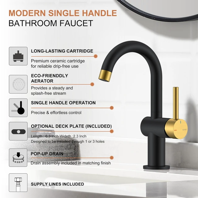 Alt view image 3 of 7 - Black and Gold Single Handle Bathroom Faucet, 1 Hole Vanity Faucet Bathroom Sink Faucet with Pop Up Drain & 6 Inch Deck Plate, Lead-Free cUPC & NSF Certified, 1 Handle Faucet for Vanity RV Bar