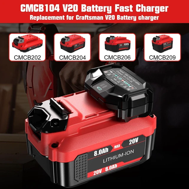 Alt view image 3 of 7 - 2Pack 20V 8000mAh Replacement for Craftsman 20V Battery and Charger Kit Compatible with Craftsman V20 Lithium Battery CMCB202 CMCB203 CMCB204 CMCB206 CMCB201 CMCB100 CMCB124 Power Tools