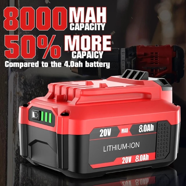 Alt view image 4 of 7 - 2Pack 20V 8000mAh Replacement for Craftsman 20V Battery and Charger Kit Compatible with Craftsman V20 Lithium Battery CMCB202 CMCB203 CMCB204 CMCB206 CMCB201 CMCB100 CMCB124 Power Tools