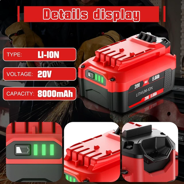 Alt view image 5 of 7 - 2Pack 20V 8000mAh Replacement for Craftsman 20V Battery and Charger Kit Compatible with Craftsman V20 Lithium Battery CMCB202 CMCB203 CMCB204 CMCB206 CMCB201 CMCB100 CMCB124 Power Tools