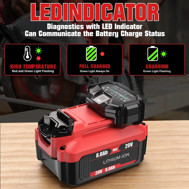 Alt view image 6 of 7 - 2Pack 20V 8000mAh Replacement for Craftsman 20V Battery and Charger Kit Compatible with Craftsman V20 Lithium Battery CMCB202 CMCB203 CMCB204 CMCB206 CMCB201 CMCB100 CMCB124 Power Tools