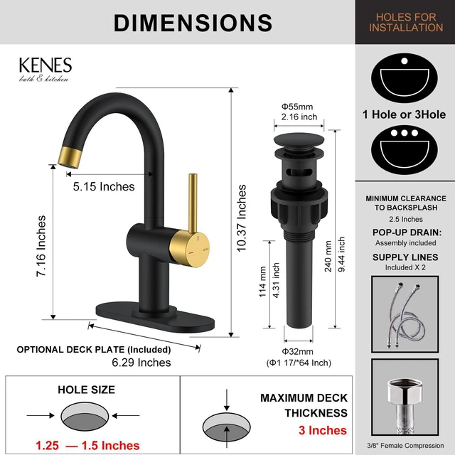 Alt view image 6 of 7 - Black and Gold Single Handle Bathroom Faucet, 1 Hole Vanity Faucet Bathroom Sink Faucet with Pop Up Drain & 6 Inch Deck Plate, Lead-Free cUPC & NSF Certified, 1 Handle Faucet for Vanity RV Bar