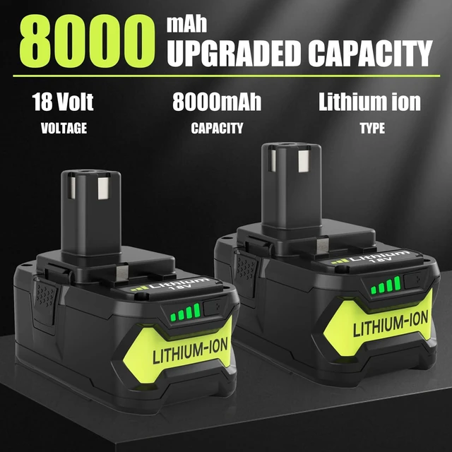 Alt view image 2 of 7 - 2 Packs 8Ah Replacement for Ryobi 18V Battery and P117 Charger(Green) Compatible with Ryobi 18 Volt Batteries P108 P189 P190 P109 P107 P105 P104 P103 P102 P122