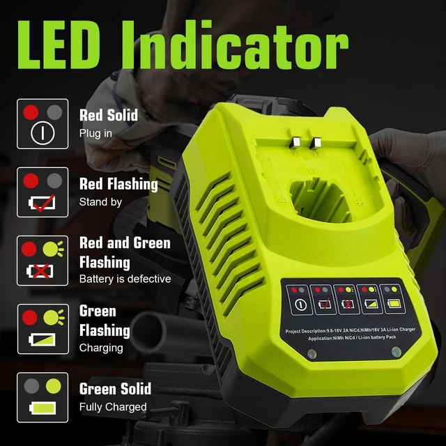 Alt view image 5 of 7 - 2 Packs 8Ah Replacement for Ryobi 18V Battery and P117 Charger(Green) Compatible with Ryobi 18 Volt Batteries P108 P189 P190 P109 P107 P105 P104 P103 P102 P122