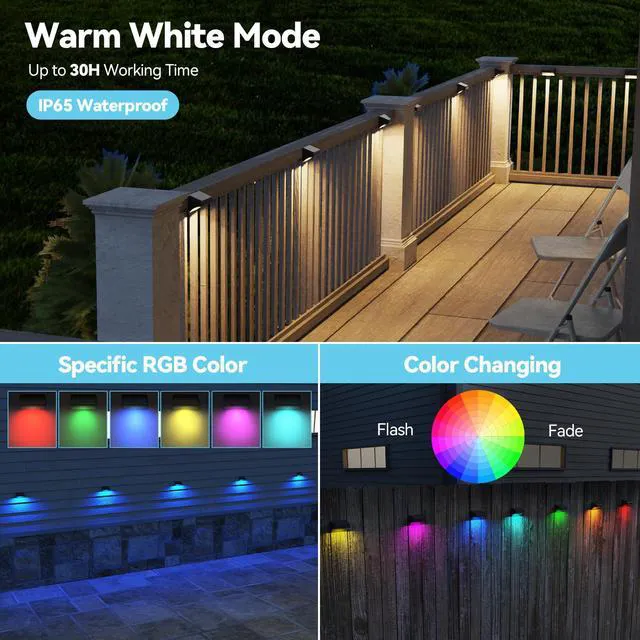 Alt view image 2 of 6 - Solar Fence Lights, Fence Lights Fence Solar Lights Outdoor Waterproof Warm White & Color Glow LED Solar Lights for Backyard, Patio, Deck Railing, Stair Handrail, Pool and Wall (12 Packs)
