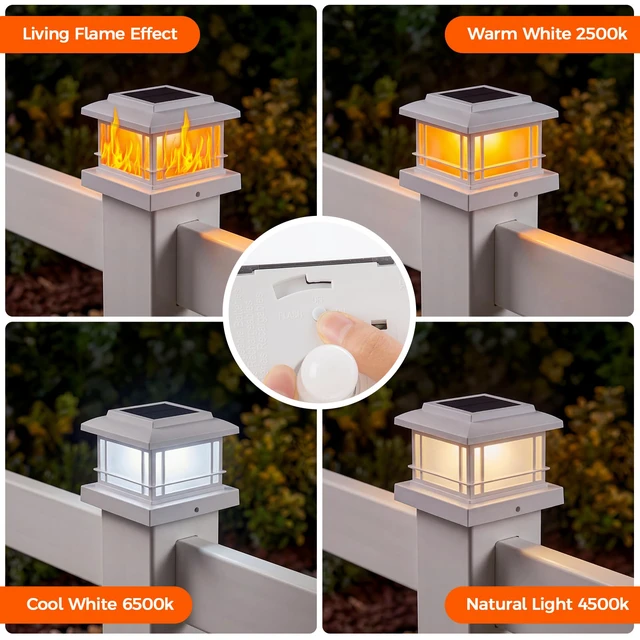 Alt view image 2 of 6 - Flickering Flame Solar Post Cap Lights Outdoor, White Post Lights with 3 Color Temperature, Fits 3.5" 4" 4.5" 5" Wood/Vinyl Posts, IP64 Waterproof Fence Deck Lights for Garden Patio Yard 8 Pack