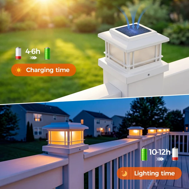 Alt view image 3 of 6 - Flickering Flame Solar Post Cap Lights Outdoor, White Post Lights with 3 Color Temperature, Fits 3.5" 4" 4.5" 5" Wood/Vinyl Posts, IP64 Waterproof Fence Deck Lights for Garden Patio Yard 8 Pack