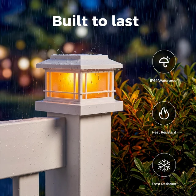 Alt view image 4 of 6 - Flickering Flame Solar Post Cap Lights Outdoor, White Post Lights with 3 Color Temperature, Fits 3.5" 4" 4.5" 5" Wood/Vinyl Posts, IP64 Waterproof Fence Deck Lights for Garden Patio Yard 8 Pack