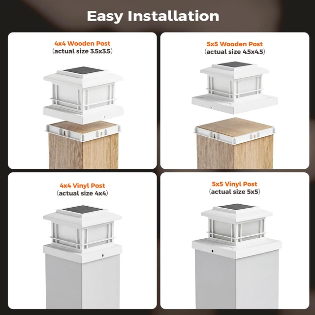 Alt view image 5 of 6 - Flickering Flame Solar Post Cap Lights Outdoor, White Post Lights with 3 Color Temperature, Fits 3.5" 4" 4.5" 5" Wood/Vinyl Posts, IP64 Waterproof Fence Deck Lights for Garden Patio Yard 8 Pack