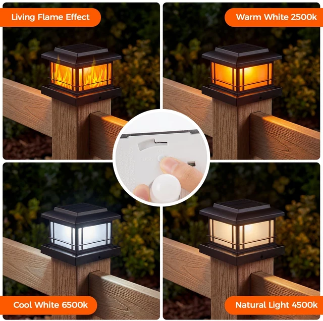 Alt view image 2 of 6 - Flickering Flame Solar Post Cap Lights Outdoor, Black Post Lights with 3 Color Temperature, Fits 3.5" 4" 4.5" 5" Wood/Vinyl Posts, IP64 Waterproof Fence Deck Lights for Garden Patio Yard 12Pack