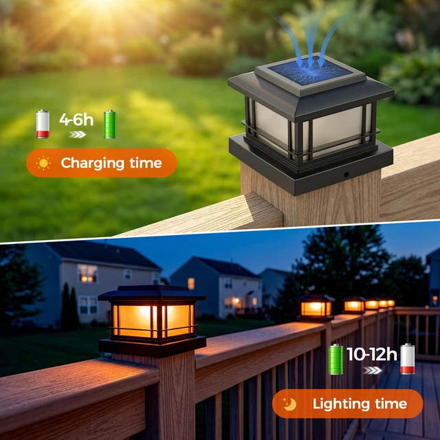 Alt view image 3 of 6 - Flickering Flame Solar Post Cap Lights Outdoor, Black Post Lights with 3 Color Temperature, Fits 3.5" 4" 4.5" 5" Wood/Vinyl Posts, IP64 Waterproof Fence Deck Lights for Garden Patio Yard 12Pack