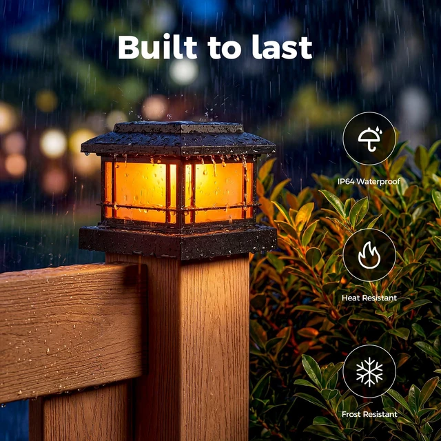 Alt view image 4 of 6 - Flickering Flame Solar Post Cap Lights Outdoor, Black Post Lights with 3 Color Temperature, Fits 3.5" 4" 4.5" 5" Wood/Vinyl Posts, IP64 Waterproof Fence Deck Lights for Garden Patio Yard 12Pack