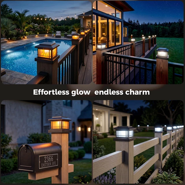 Alt view image 6 of 6 - Flickering Flame Solar Post Cap Lights Outdoor, Black Post Lights with 3 Color Temperature, Fits 3.5" 4" 4.5" 5" Wood/Vinyl Posts, IP64 Waterproof Fence Deck Lights for Garden Patio Yard 12Pack