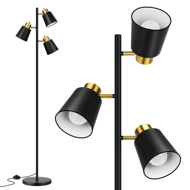 Main image of Tree Floor Lamps for Living Room, 67" Modern Standing Floor Lamp with 3 LED Bulb, Industrial Tall Lamp Reading Lighting for Bedroom Study Office Decor, 3 Rotatable Light Heads, Black Gold